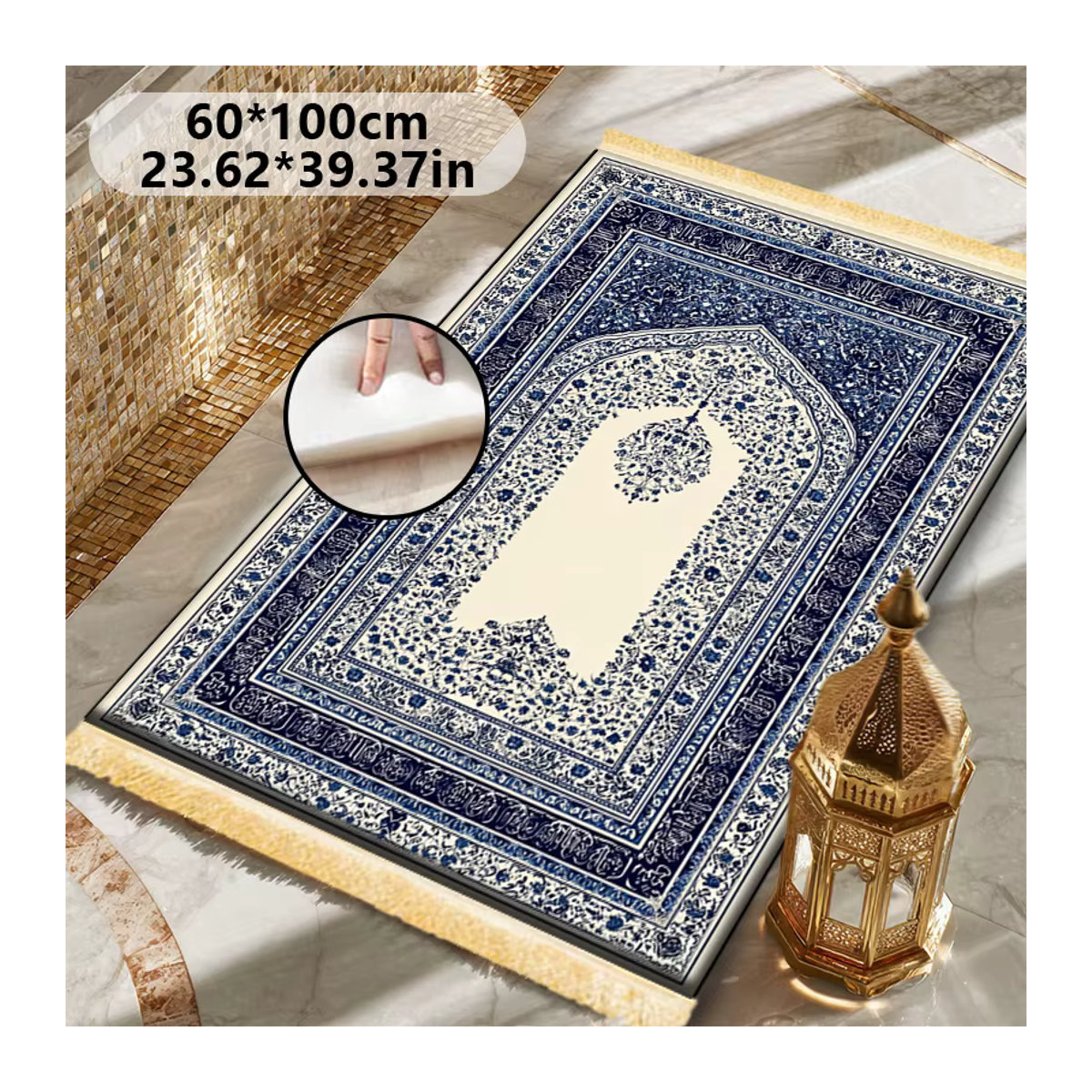 VIKAMA Muslimische Gebetsmatte mit blauem Blumenmuster, weich und rutschfest - Bild 2