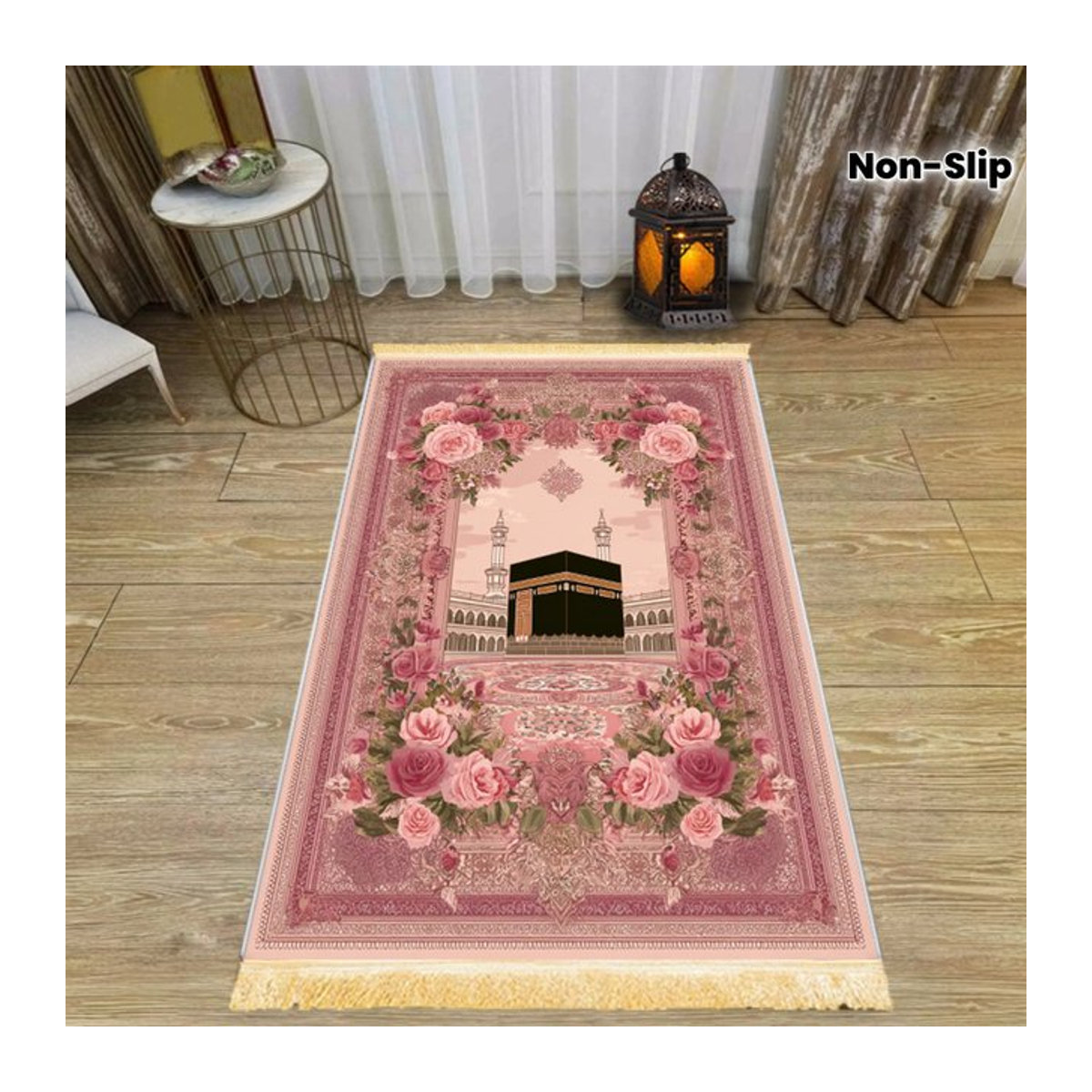 VIKAMA Muslimischer Gebetsteppich mit rosa Herz-Print, faltbare islamische Reisematte für Salah und Eid - Bild 1
