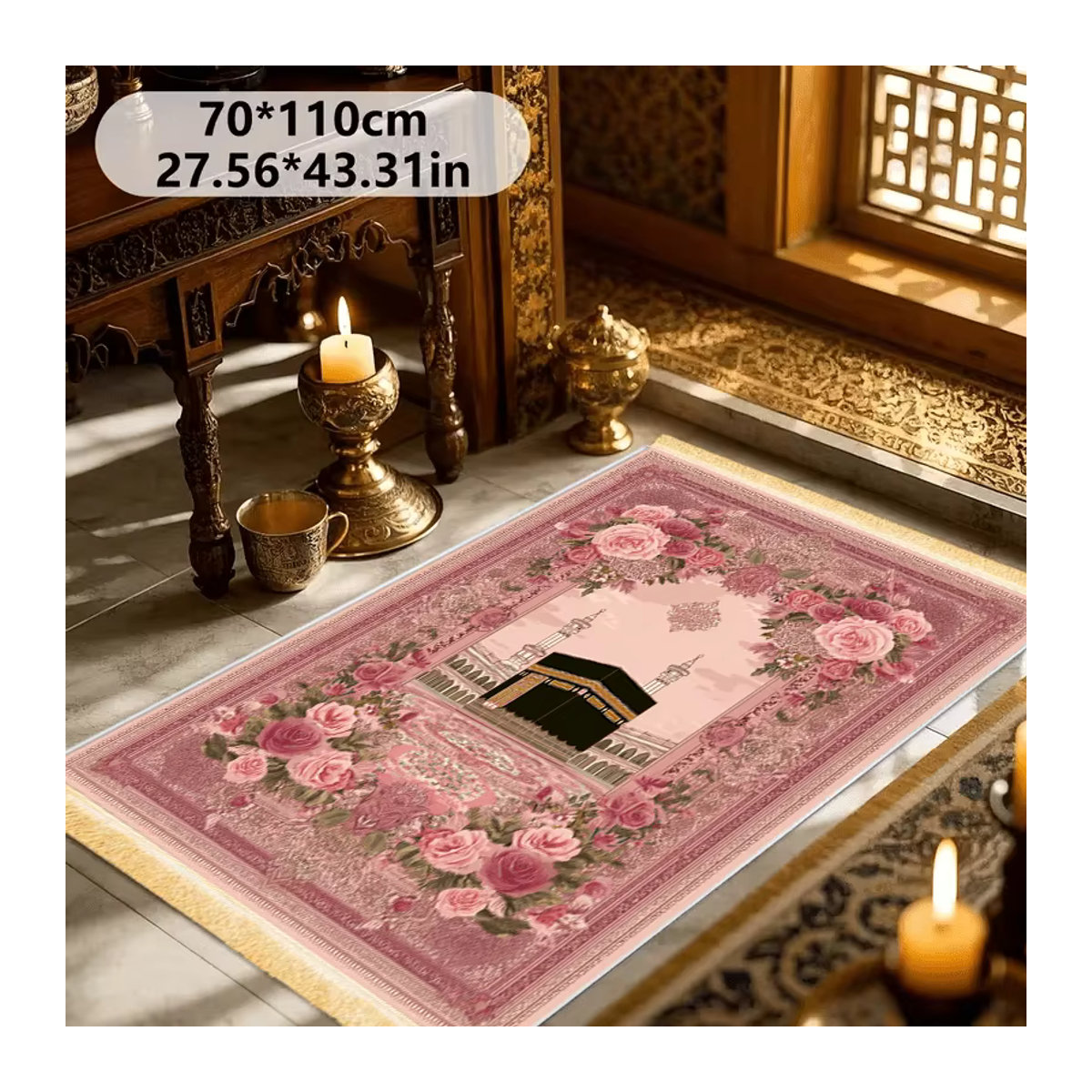 VIKAMA Muslimischer Gebetsteppich mit rosa Herz-Print, faltbare islamische Reisematte für Salah und Eid - Bild 2