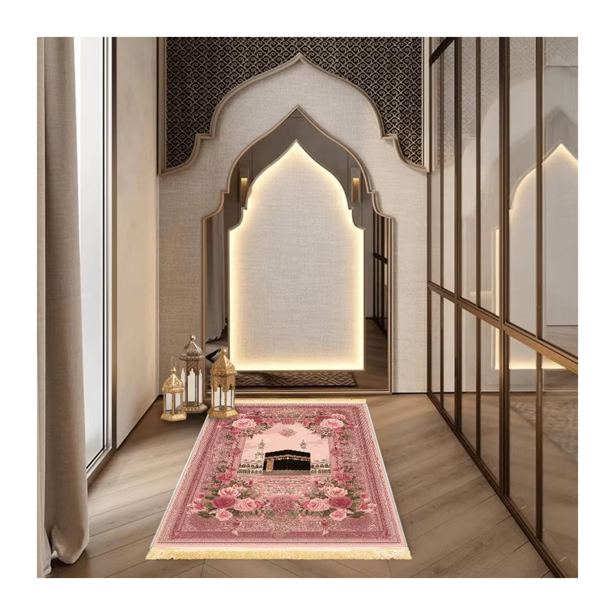VIKAMA Muslimischer Gebetsteppich mit rosa Herz-Print, faltbare islamische Reisematte für Salah und Eid - Bild 3