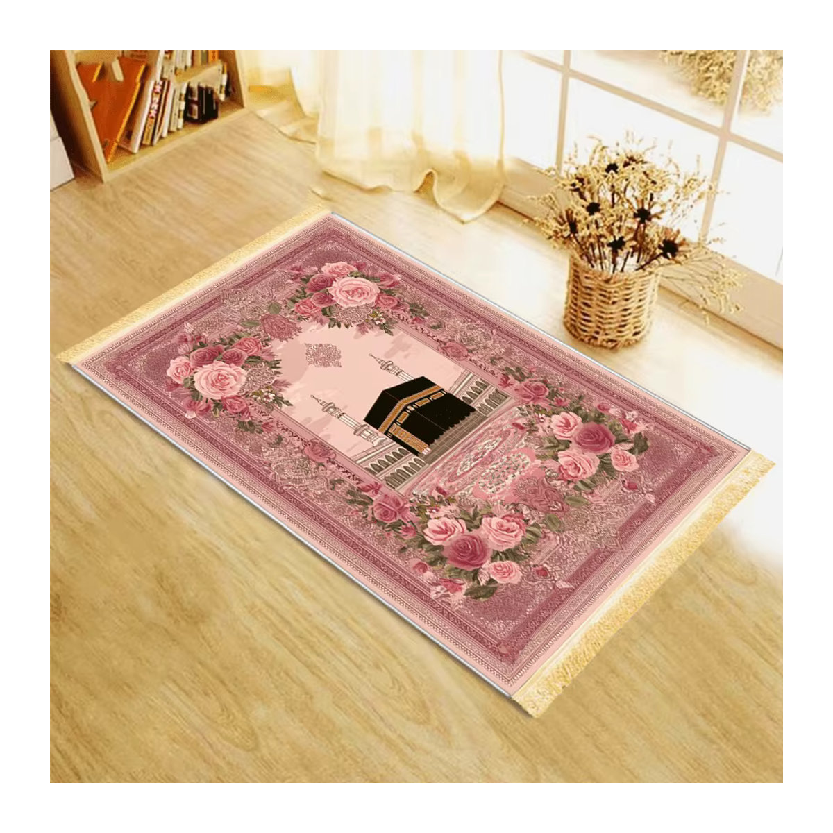 VIKAMA Muslimischer Gebetsteppich mit rosa Herz-Print, faltbare islamische Reisematte für Salah und Eid - Bild 4