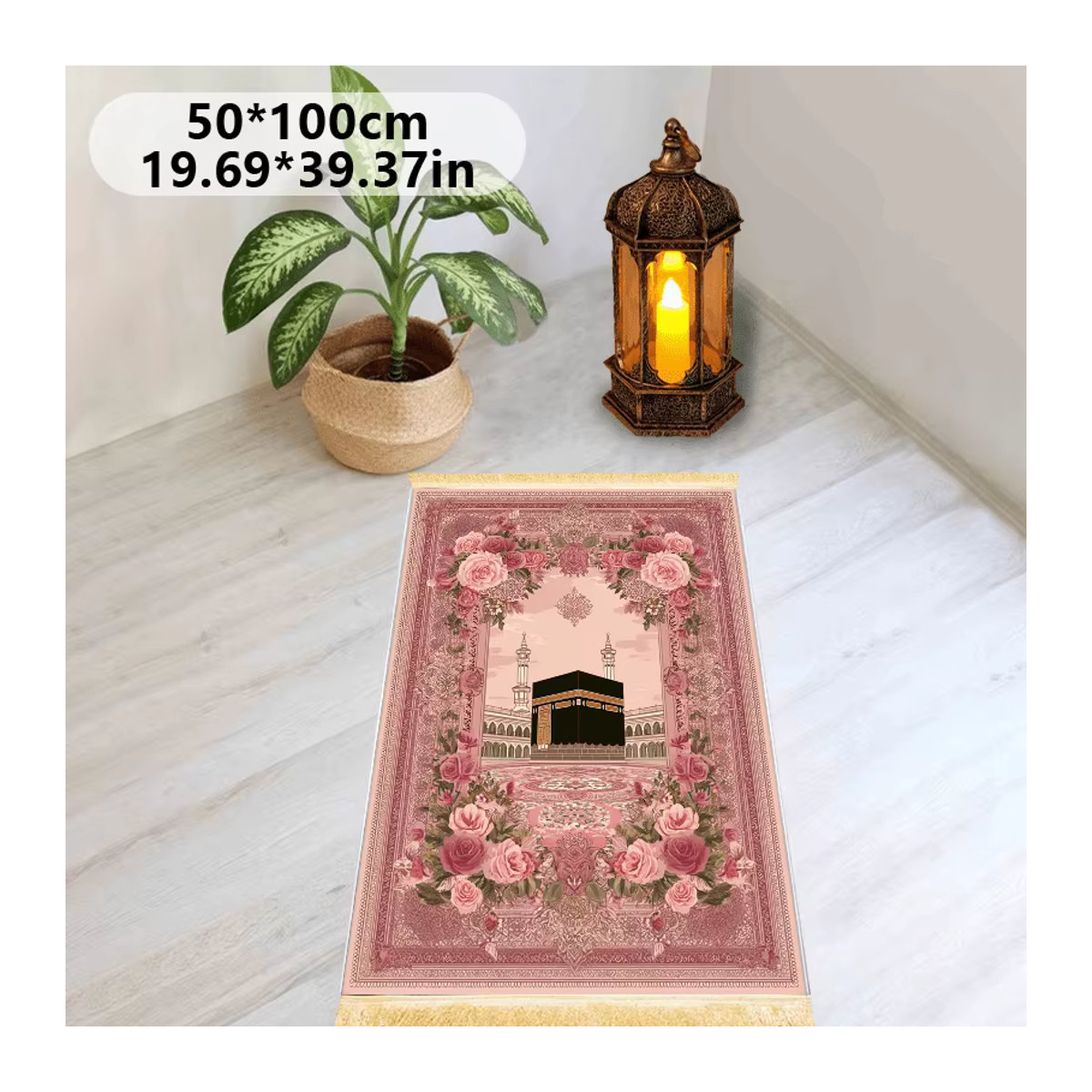 VIKAMA Muslimischer Gebetsteppich mit rosa Herz-Print, faltbare islamische Reisematte für Salah und Eid - Bild 5