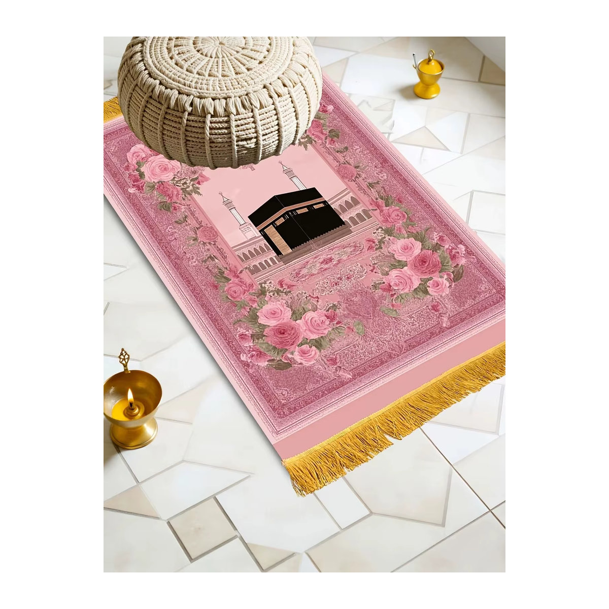 VIKAMA Muslimischer Gebetsteppich mit rosa Herz-Print, faltbare islamische Reisematte für Salah und Eid - Bild 6