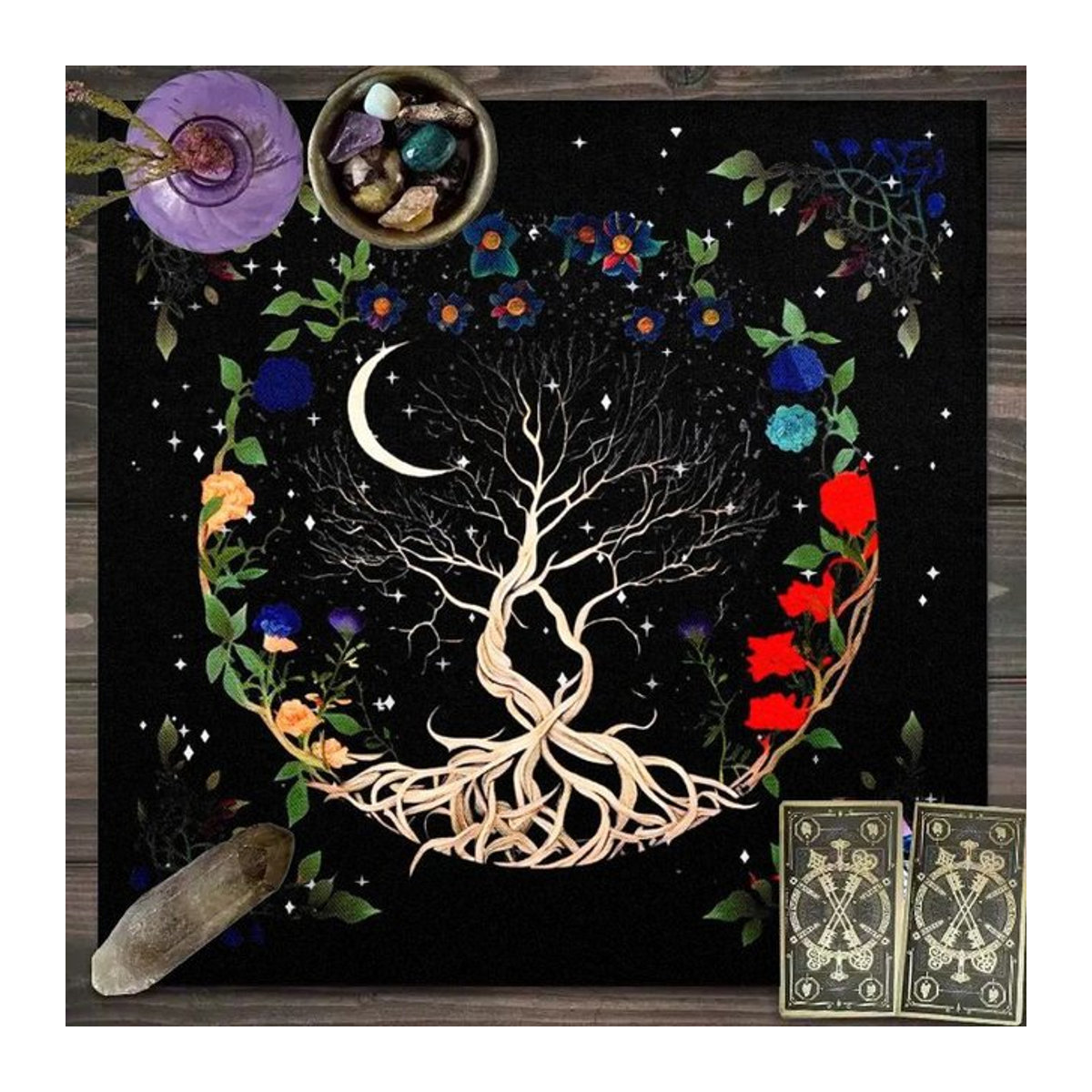 VIKAMA Mystic Tree of Life Tischdecke mit Tarot-Motiv, wasserdicht, schwarz - Bild 1