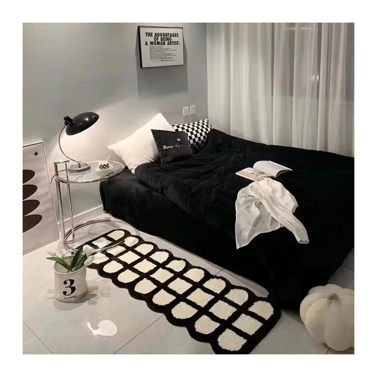 VIKAMA Nachttischteppich aus Kunstkaschmir in Schwarz-Weiß für Schlafzimmer und Wohnzimmer - Bild 1