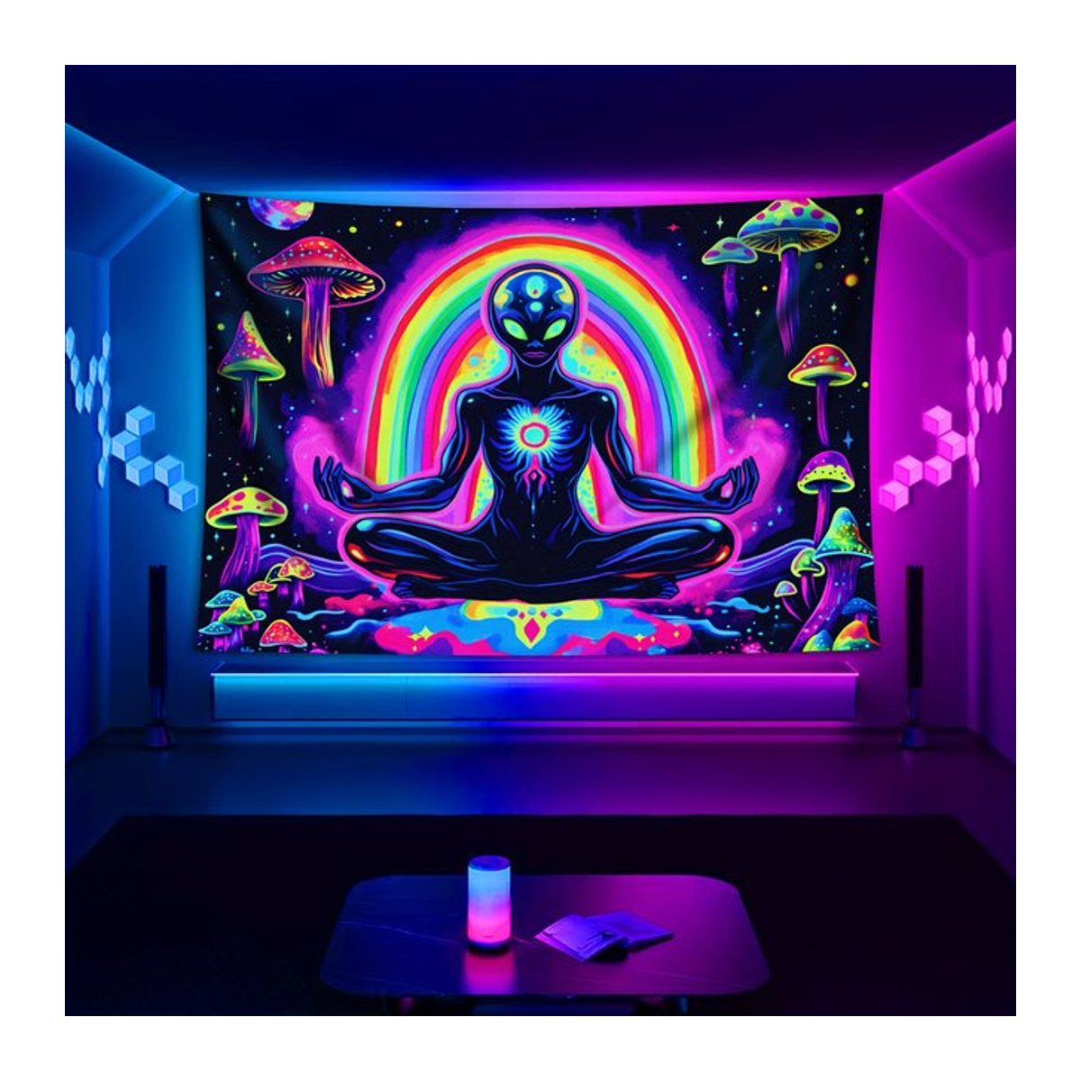 VIKAMA Neon Cosmic Meditation Wandbehang mit Glow Mushroom Design in Mehrfarbig, Bohemian Cyber Zen Wanddekoration - Bild 1