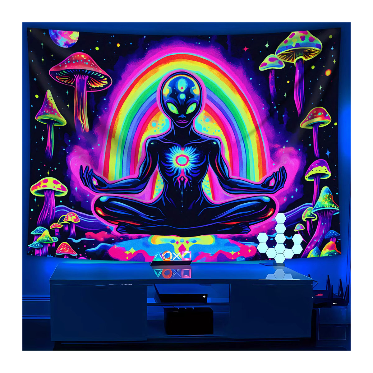 VIKAMA Neon Cosmic Meditation Wandbehang mit Glow Mushroom Design in Mehrfarbig, Bohemian Cyber Zen Wanddekoration - Bild 2