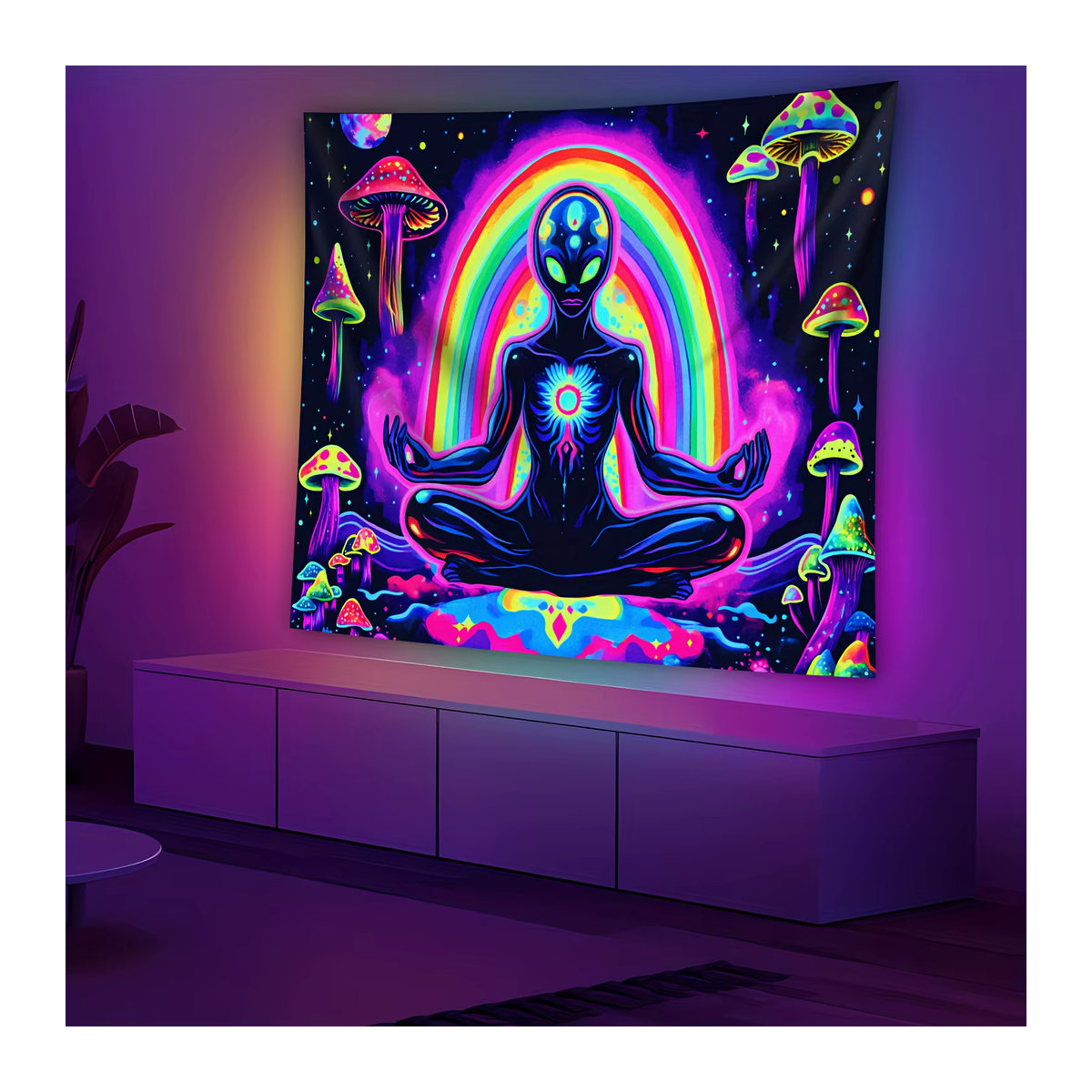 VIKAMA Neon Cosmic Meditation Wandbehang mit Glow Mushroom Design in Mehrfarbig, Bohemian Cyber Zen Wanddekoration - Bild 3