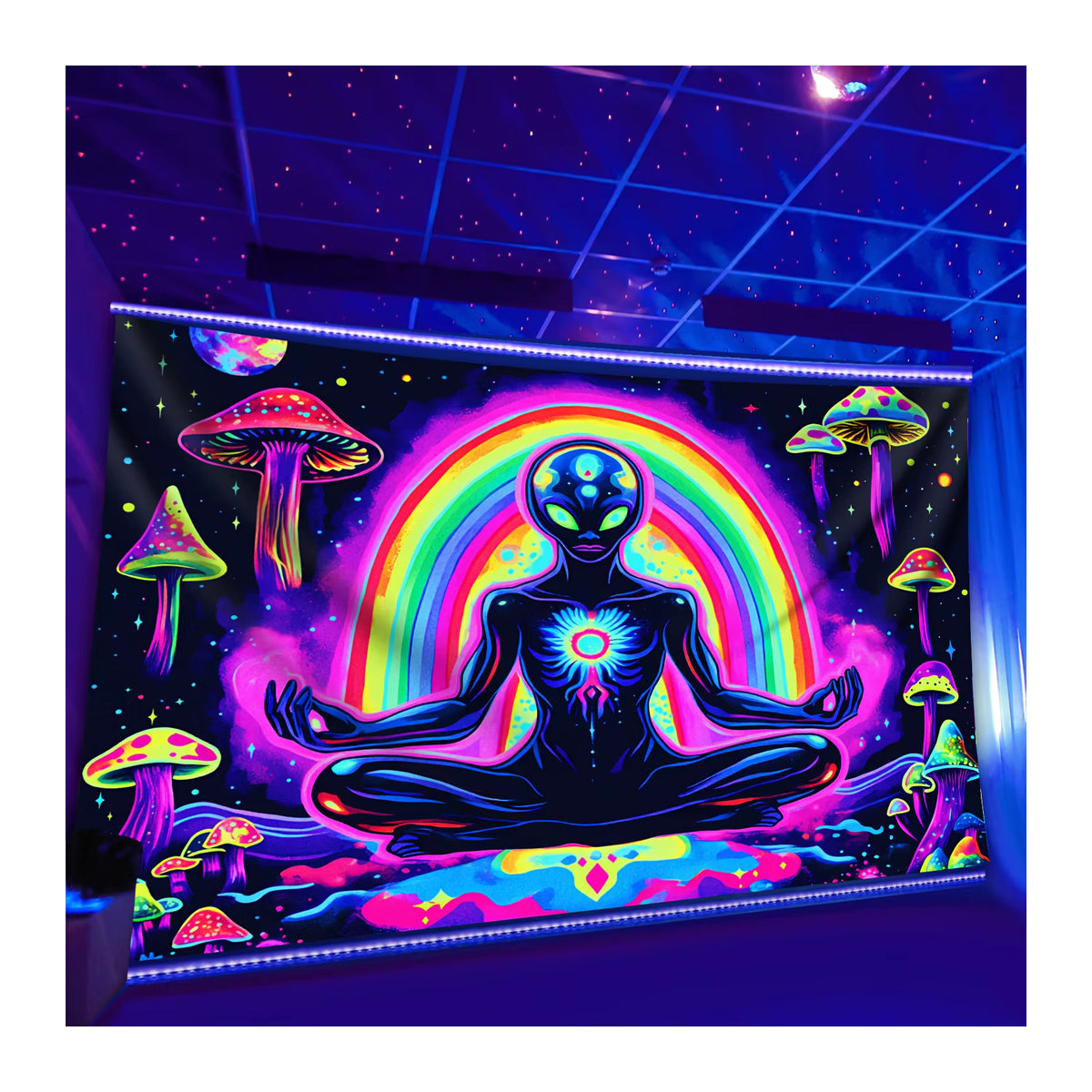 VIKAMA Neon Cosmic Meditation Wandbehang mit Glow Mushroom Design in Mehrfarbig, Bohemian Cyber Zen Wanddekoration - Bild 4