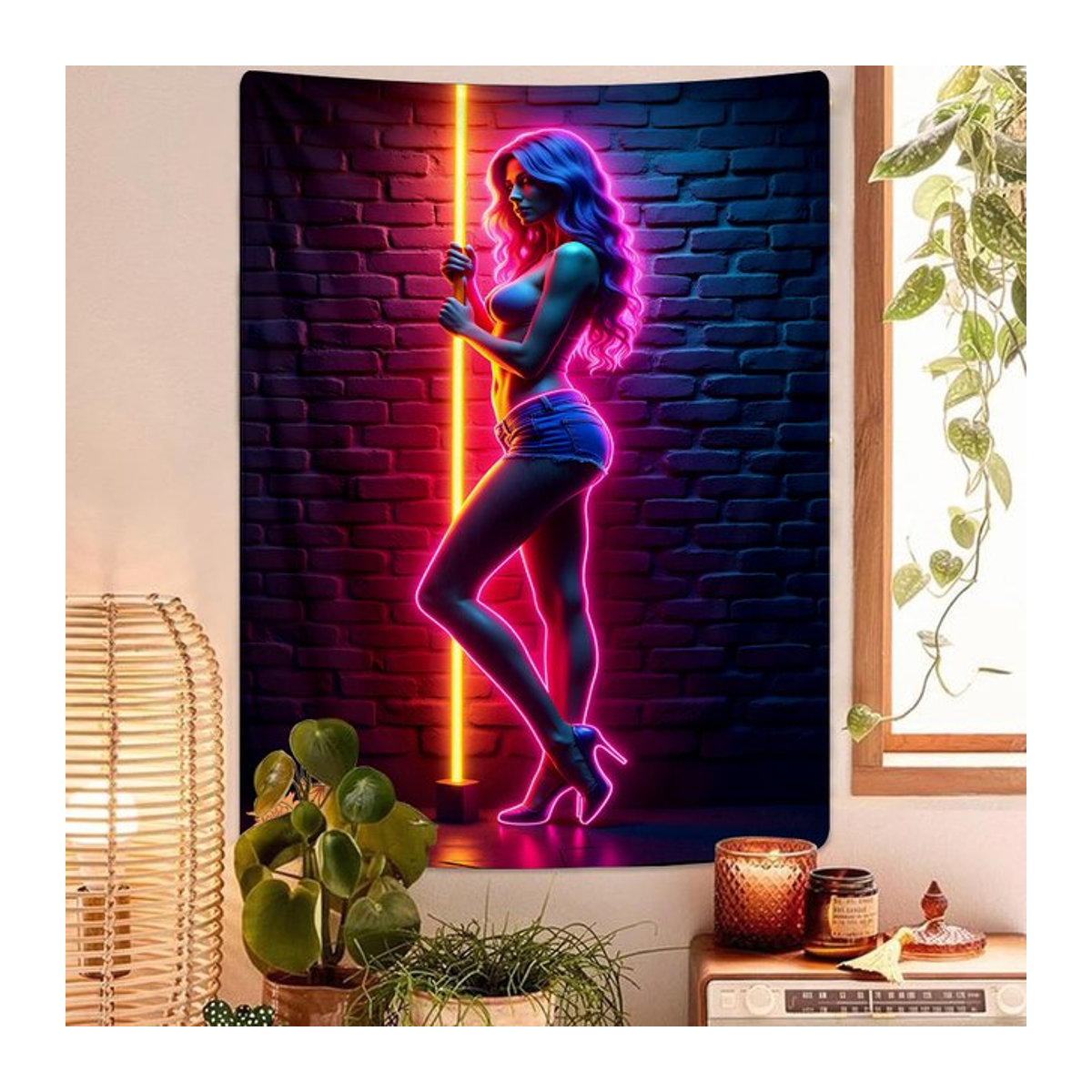 VIKAMA Neon-Kunst-Wandteppich mit menschlicher Silhouette im Cyberpunk-Stil, mehrfarbig, rechteckig - Bild 1