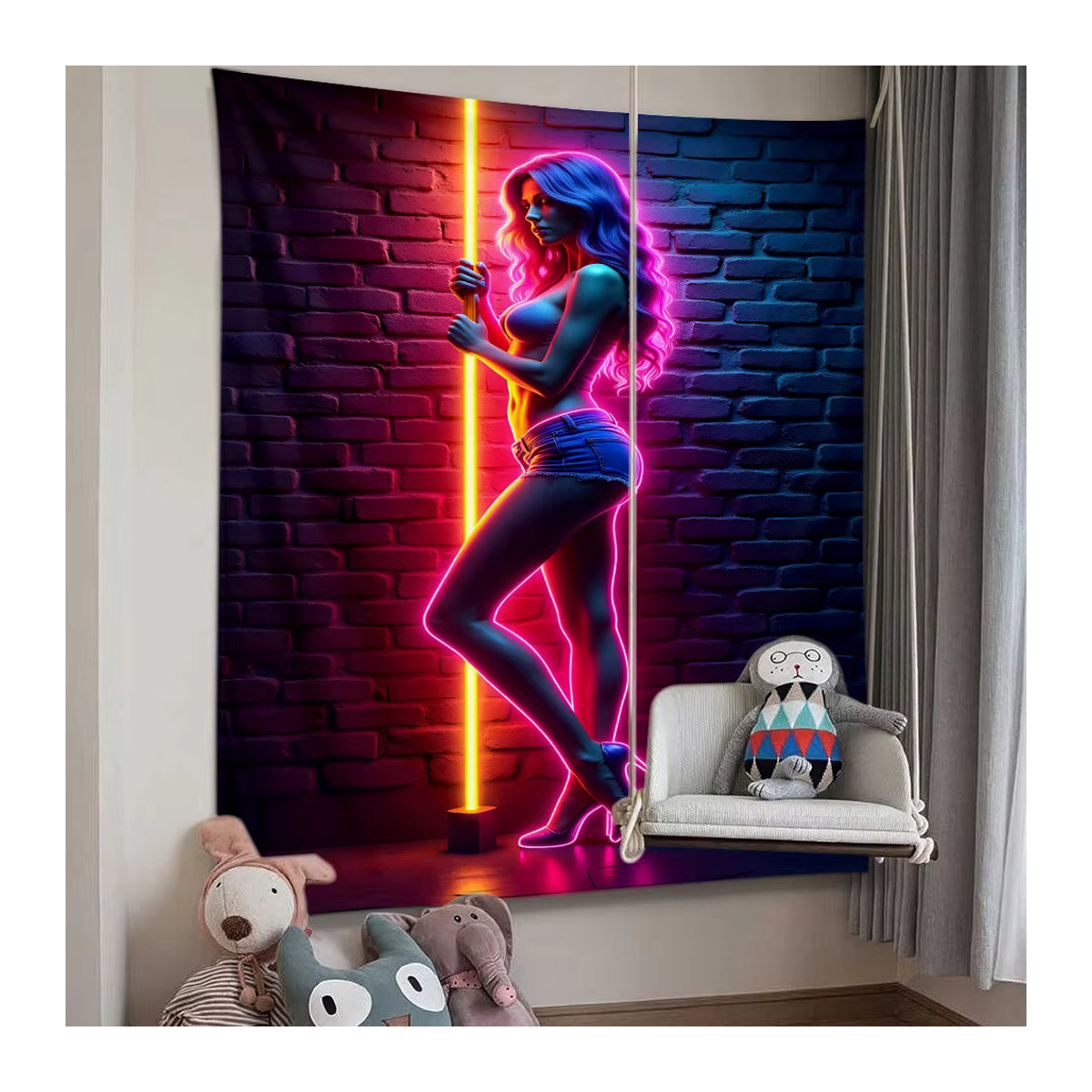 VIKAMA Neon-Kunst-Wandteppich mit menschlicher Silhouette im Cyberpunk-Stil, mehrfarbig, rechteckig - Bild 2