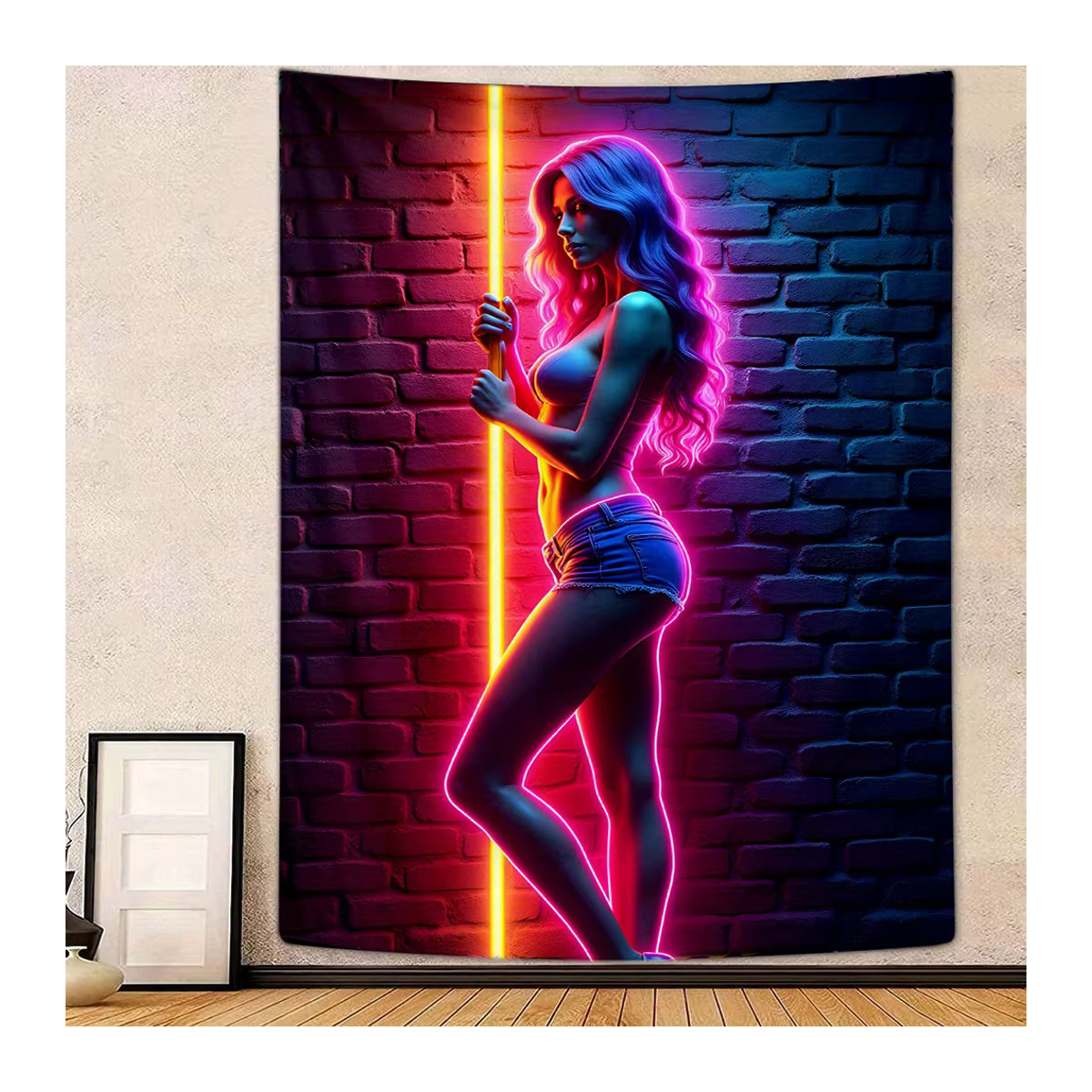 VIKAMA Neon-Kunst-Wandteppich mit menschlicher Silhouette im Cyberpunk-Stil, mehrfarbig, rechteckig - Bild 4