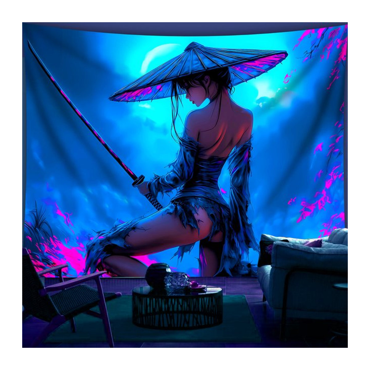 VIKAMA Neon Warrior Girl Wandteppich im Cyberpunk-Stil, dekoratives Wandtuch in Blau, B/H: 60 x 40 cm - Bild 1