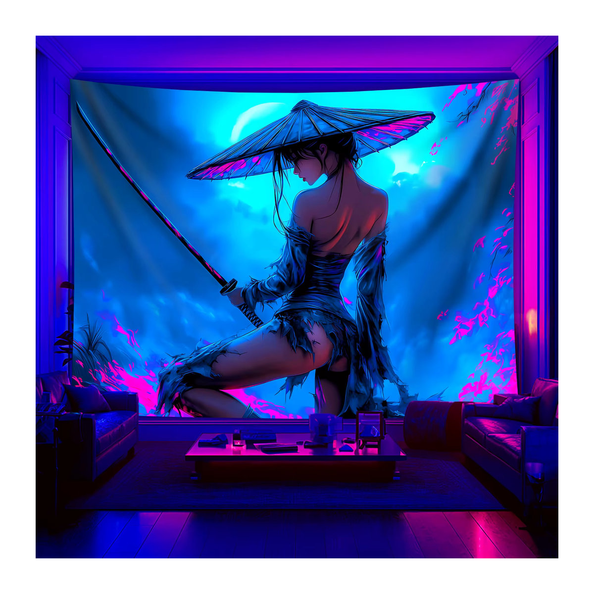 VIKAMA Neon Warrior Girl Wandteppich im Cyberpunk-Stil, dekoratives Wandtuch in Blau, B/H: 60 x 40 cm - Bild 2
