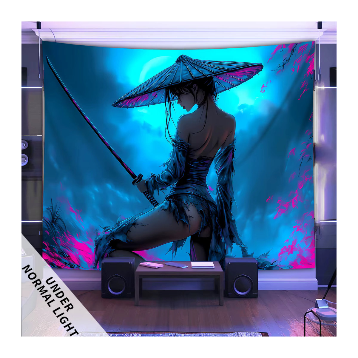 VIKAMA Neon Warrior Girl Wandteppich im Cyberpunk-Stil, dekoratives Wandtuch in Blau, B/H: 60 x 40 cm - Bild 3