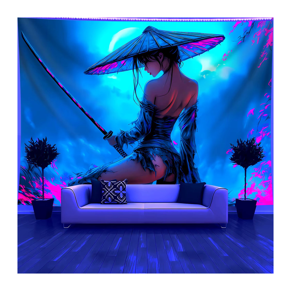 VIKAMA Neon Warrior Girl Wandteppich im Cyberpunk-Stil, dekoratives Wandtuch in Blau, B/H: 60 x 40 cm - Bild 4
