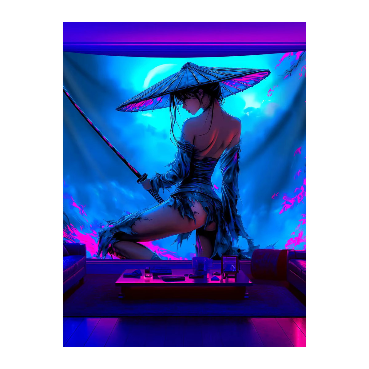 VIKAMA Neon Warrior Girl Wandteppich im Cyberpunk-Stil, dekoratives Wandtuch in Blau, B/H: 60 x 40 cm - Bild 5