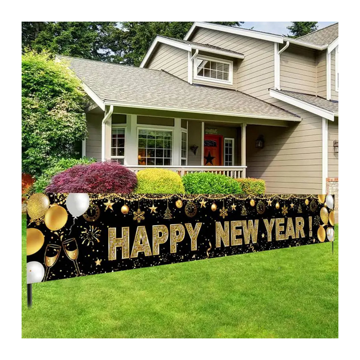VIKAMA Neujahr Banner Happy 2025 Dekoration in Schwarz und Gold mit Buchstaben und Sternen für Outdoor-Partys - Bild 1