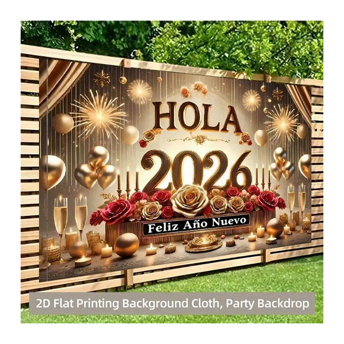 VIKAMA Neujahr Wandteppich mit goldenen Rosen und Feuerwerk, mehrfarbiger Stoff-Hintergrund für deine Neujahrsparty, B/H: 60 x 40 cm - Bild 1