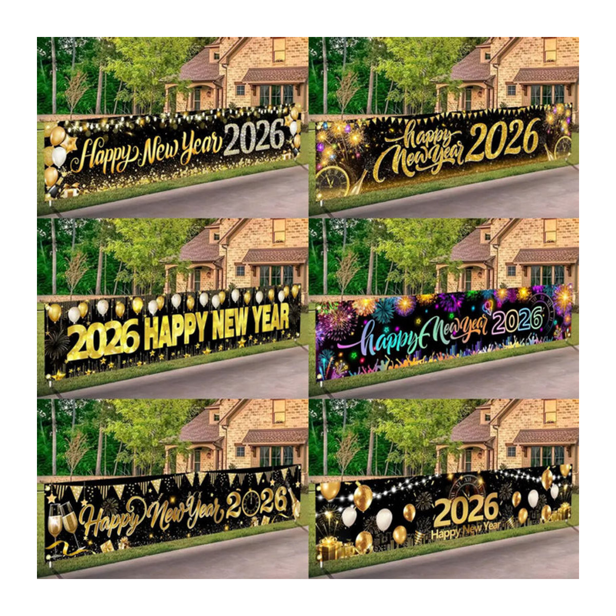 VIKAMA Neujahrs-Banner 2026 als hängende Dekoration für Garten und Innenhof, Schwarz, B: 180 cm, H: 35 cm - Bild 1