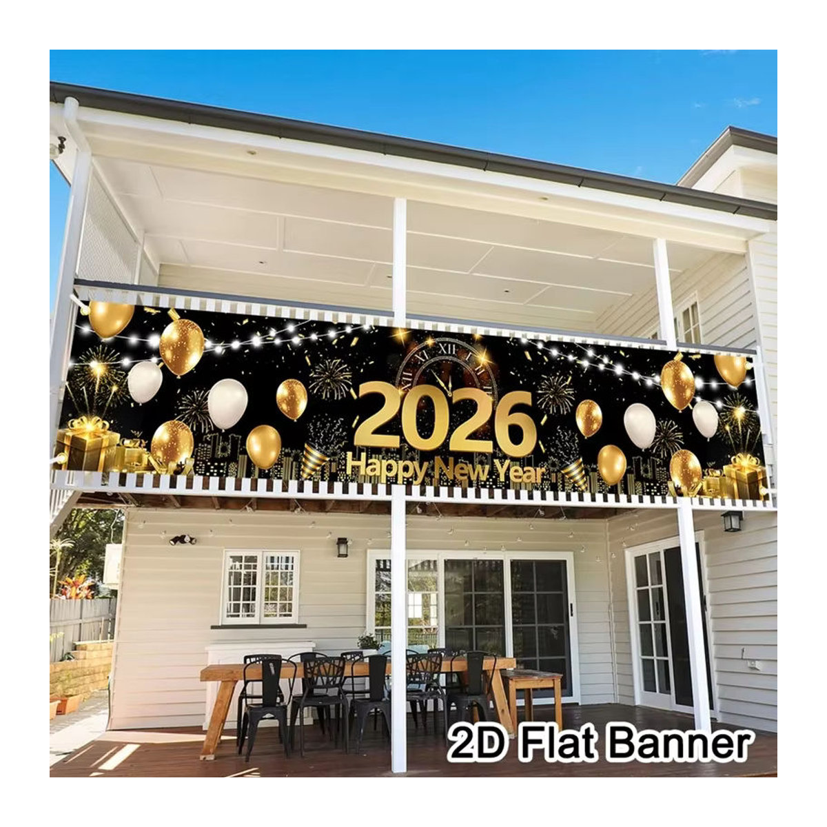 VIKAMA Neujahrs-Banner 2026 als hängende Dekoration für Garten und Innenhof, Schwarz, B: 180 cm, H: 35 cm - Bild 2