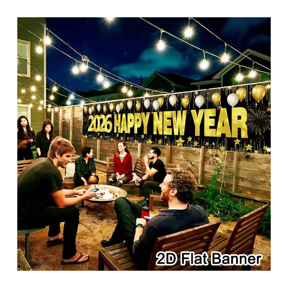 VIKAMA Neujahrs-Banner 2026 als hängende Dekoration für Garten und Innenhof, Schwarz, B: 180 cm, H: 35 cm - Bild 3
