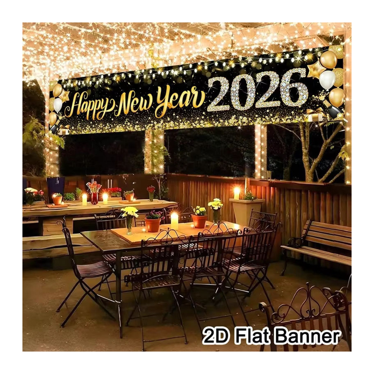VIKAMA Neujahrs-Banner 2026 als hängende Dekoration für Garten und Innenhof, Schwarz, B: 180 cm, H: 35 cm - Bild 4