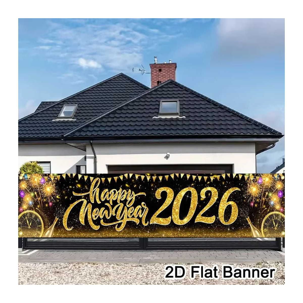 VIKAMA Neujahrs-Banner 2026 als hängende Dekoration für Garten und Innenhof, Schwarz, B: 180 cm, H: 35 cm - Bild 5