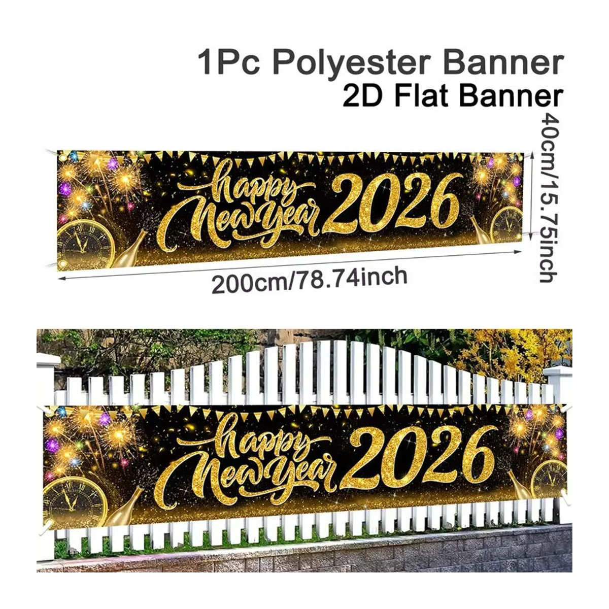 VIKAMA Neujahrs-Banner 2026 als hängende Dekoration für Garten und Innenhof, Schwarz, B: 180 cm, H: 35 cm - Bild 6