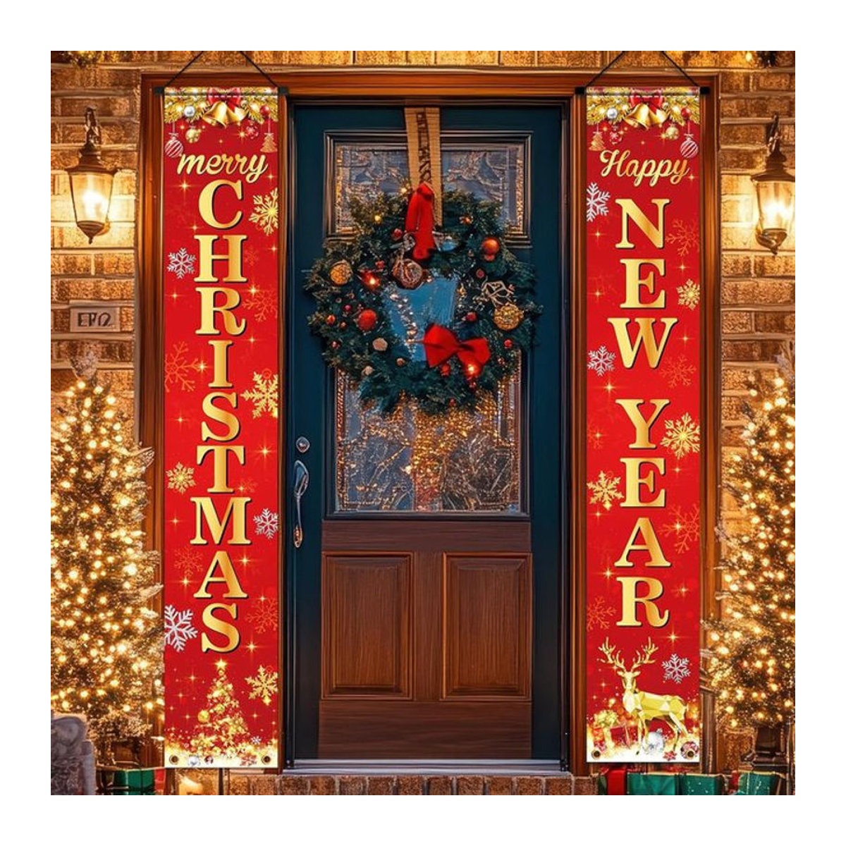 VIKAMA Neujahrs-Banner Happy Door für Weihnachten und Neujahr, rote Hängeflagge mit Rentier-Motiv, Textil-Türdeko, B/H: 30 x 180 cm - Bild 1