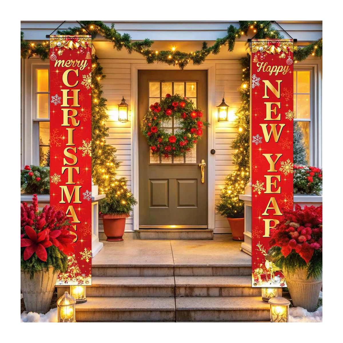 VIKAMA Neujahrs-Banner Happy Door für Weihnachten und Neujahr, rote Hängeflagge mit Rentier-Motiv, Textil-Türdeko, B/H: 30 x 180 cm - Bild 2