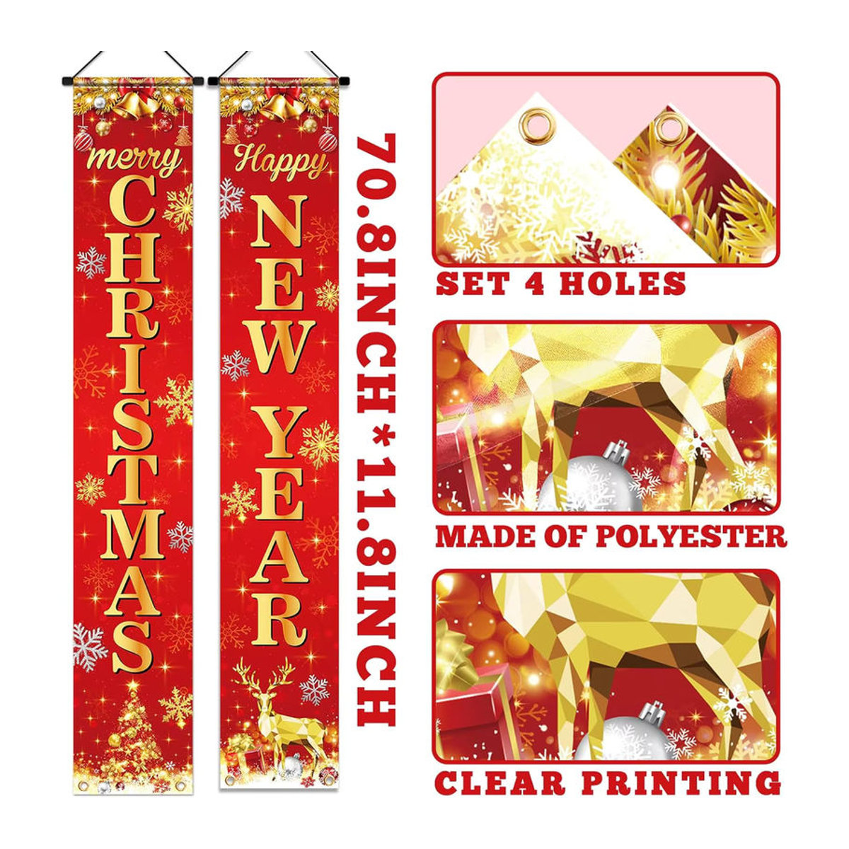 VIKAMA Neujahrs-Banner Happy Door für Weihnachten und Neujahr, rote Hängeflagge mit Rentier-Motiv, Textil-Türdeko, B/H: 30 x 180 cm - Bild 3