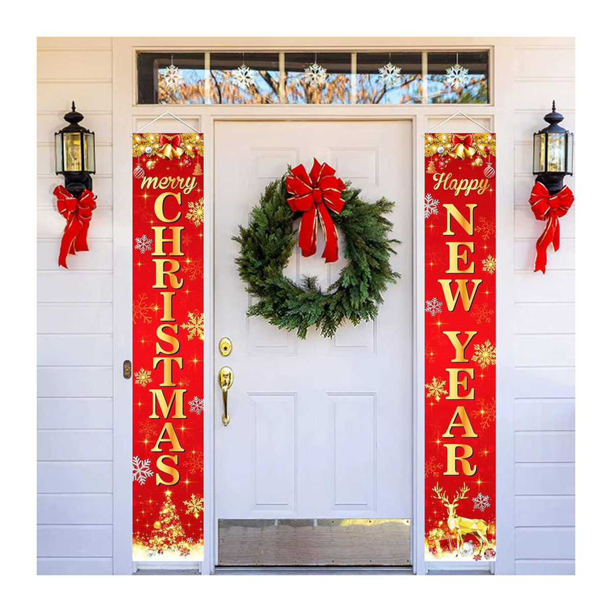 VIKAMA Neujahrs-Banner Happy Door für Weihnachten und Neujahr, rote Hängeflagge mit Rentier-Motiv, Textil-Türdeko, B/H: 30 x 180 cm - Bild 4