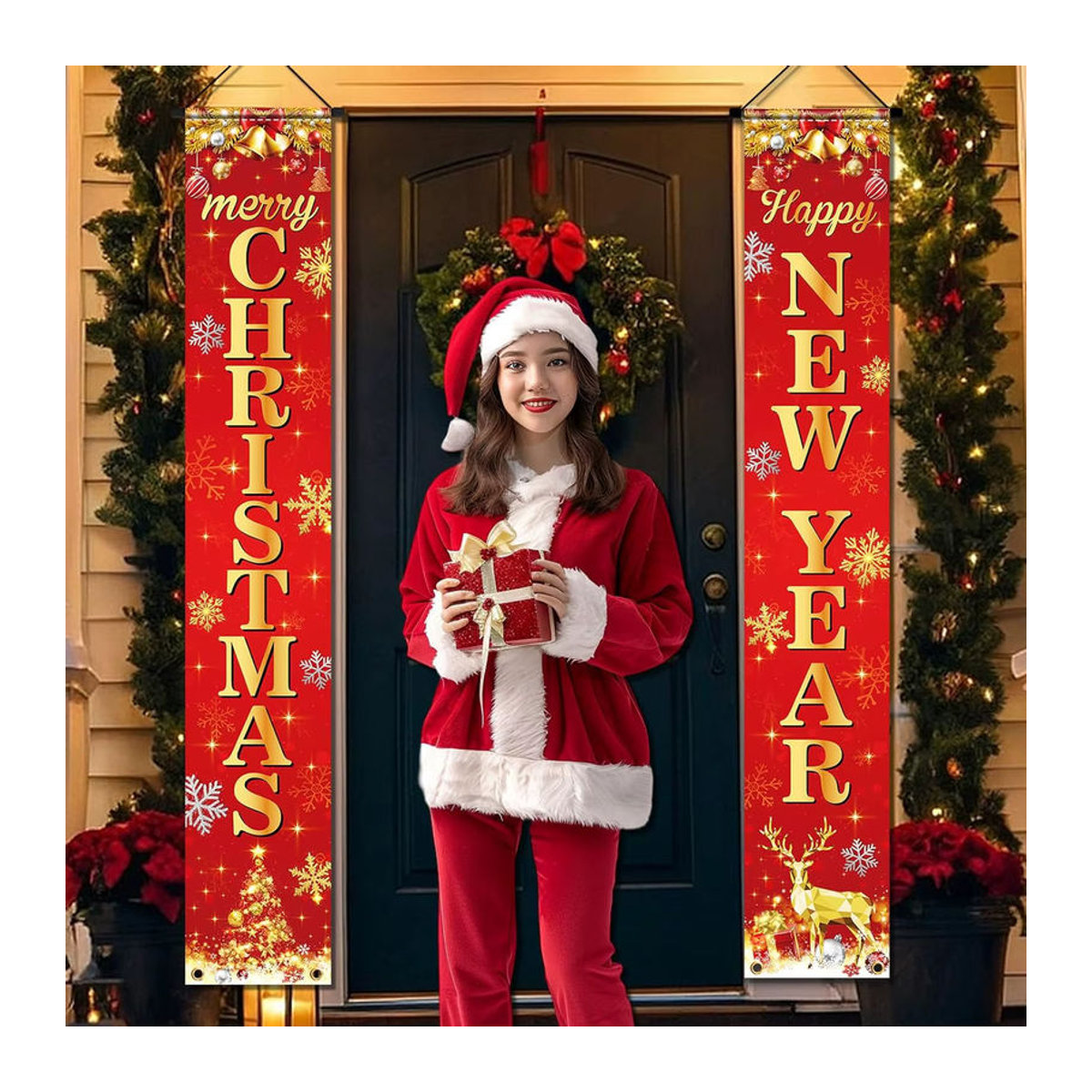 VIKAMA Neujahrs-Banner Happy Door für Weihnachten und Neujahr, rote Hängeflagge mit Rentier-Motiv, Textil-Türdeko, B/H: 30 x 180 cm - Bild 5
