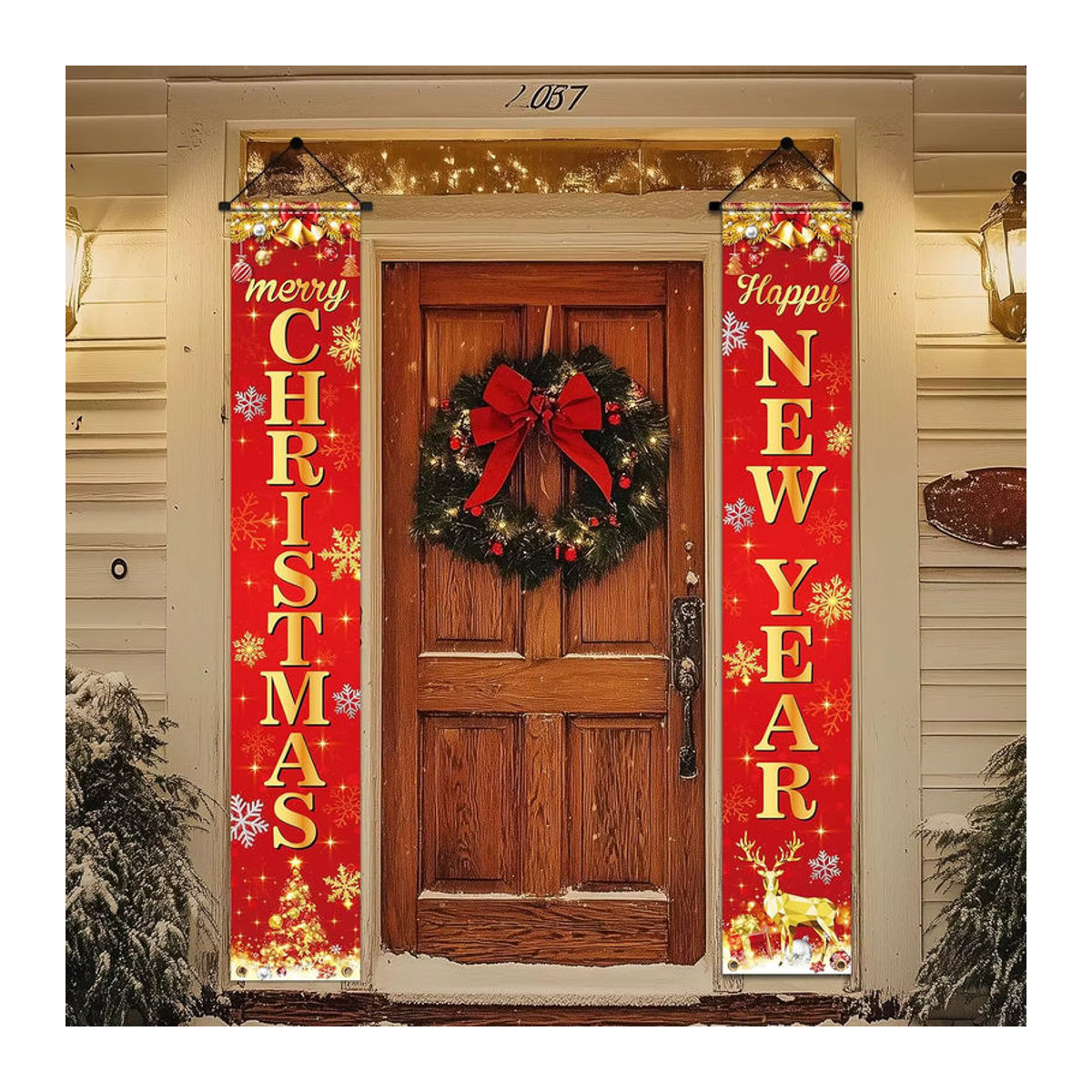 VIKAMA Neujahrs-Banner Happy Door für Weihnachten und Neujahr, rote Hängeflagge mit Rentier-Motiv, Textil-Türdeko, B/H: 30 x 180 cm - Bild 6