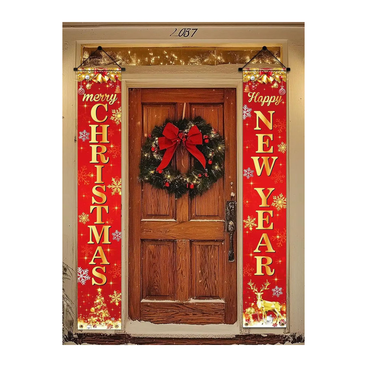 VIKAMA Neujahrs-Banner Happy Door für Weihnachten und Neujahr, rote Hängeflagge mit Rentier-Motiv, Textil-Türdeko, B/H: 30 x 180 cm - Bild 7