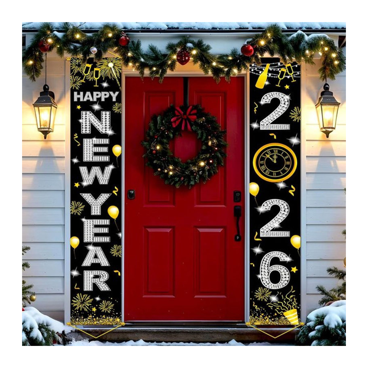 VIKAMA Neujahrsdekoration 2026 Banner Schwarz, Hängendes Silvester-Schild für Veranda und Tür, B: 180 cm, H: 30 cm, T: 30 cm - Bild 1