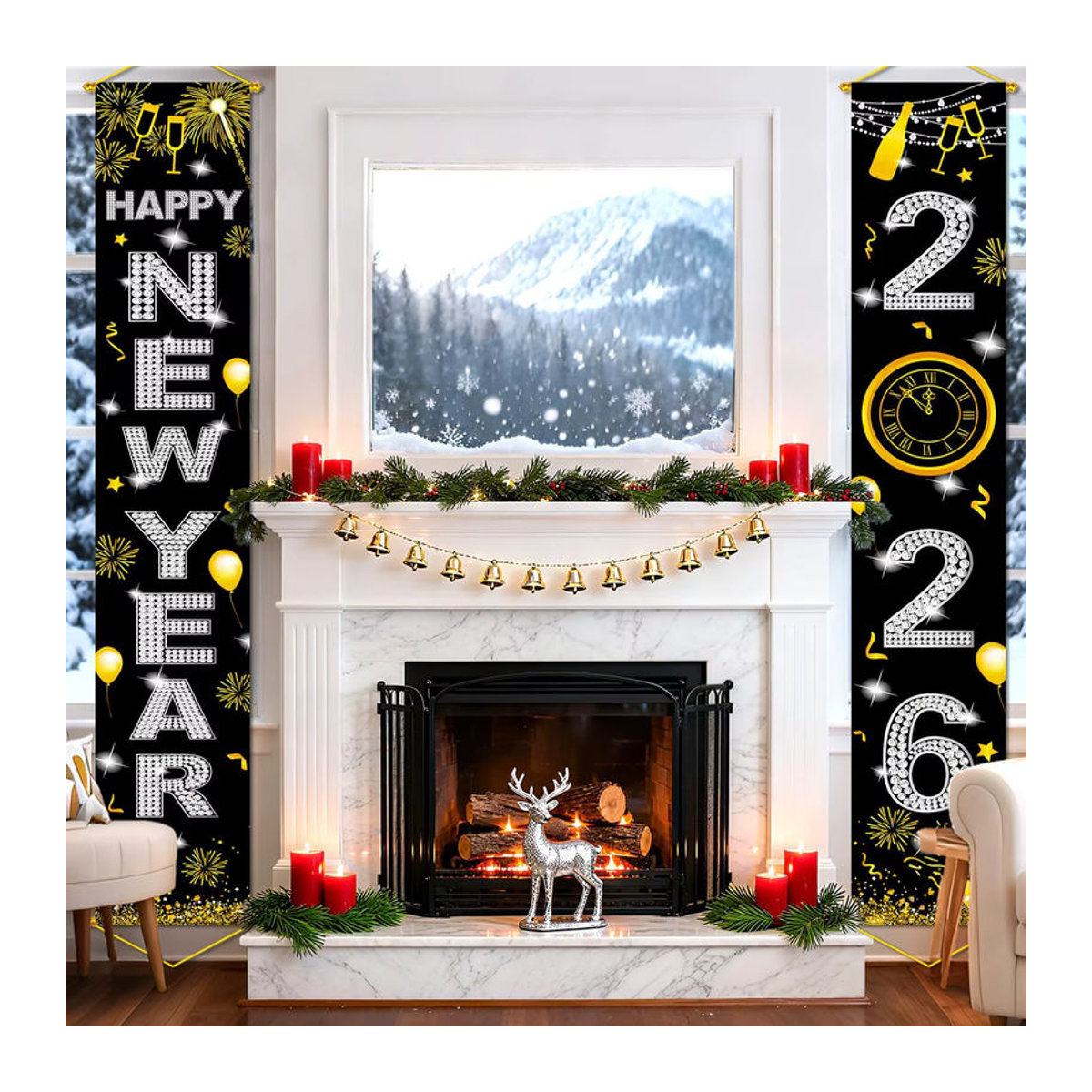 VIKAMA Neujahrsdekoration 2026 Banner Schwarz, Hängendes Silvester-Schild für Veranda und Tür, B: 180 cm, H: 30 cm, T: 30 cm - Bild 2