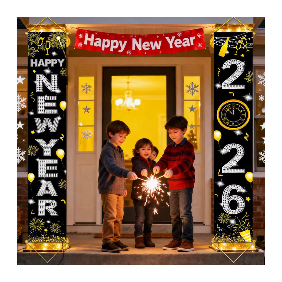 VIKAMA Neujahrsdekoration 2026 Banner Schwarz, Hängendes Silvester-Schild für Veranda und Tür, B: 180 cm, H: 30 cm, T: 30 cm - Bild 4