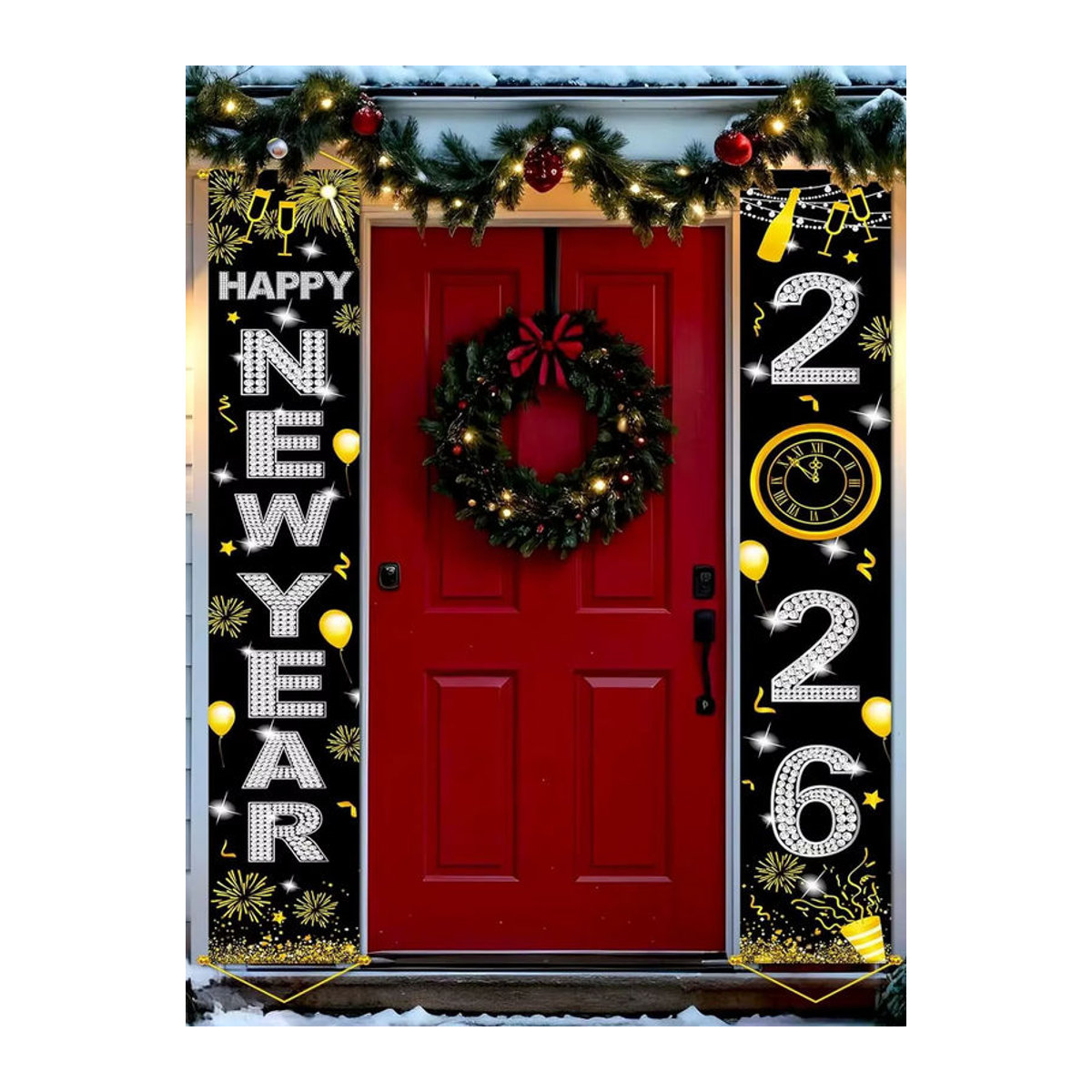 VIKAMA Neujahrsdekoration 2026 Banner Schwarz, Hängendes Silvester-Schild für Veranda und Tür, B: 180 cm, H: 30 cm, T: 30 cm - Bild 6