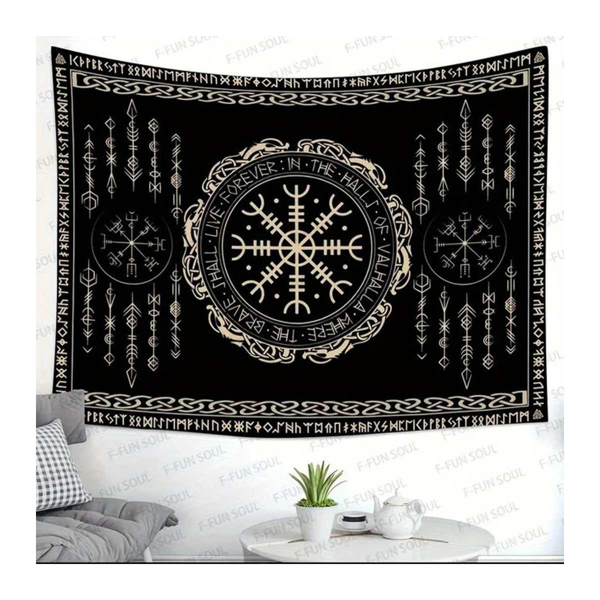 Vikama Nordische Runen-Wandteppich in Schwarz, Skandinavische Wandkunst mit geometrischem Design, B/H: 40 x 60 cm - Bild 1