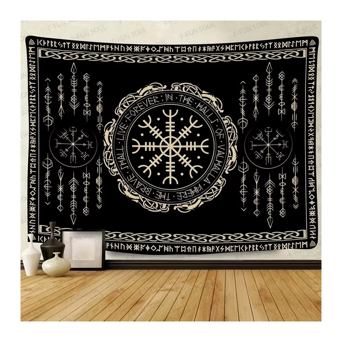 Vikama Nordische Runen-Wandteppich in Schwarz, Skandinavische Wandkunst mit geometrischem Design, B/H: 40 x 60 cm - Bild 3