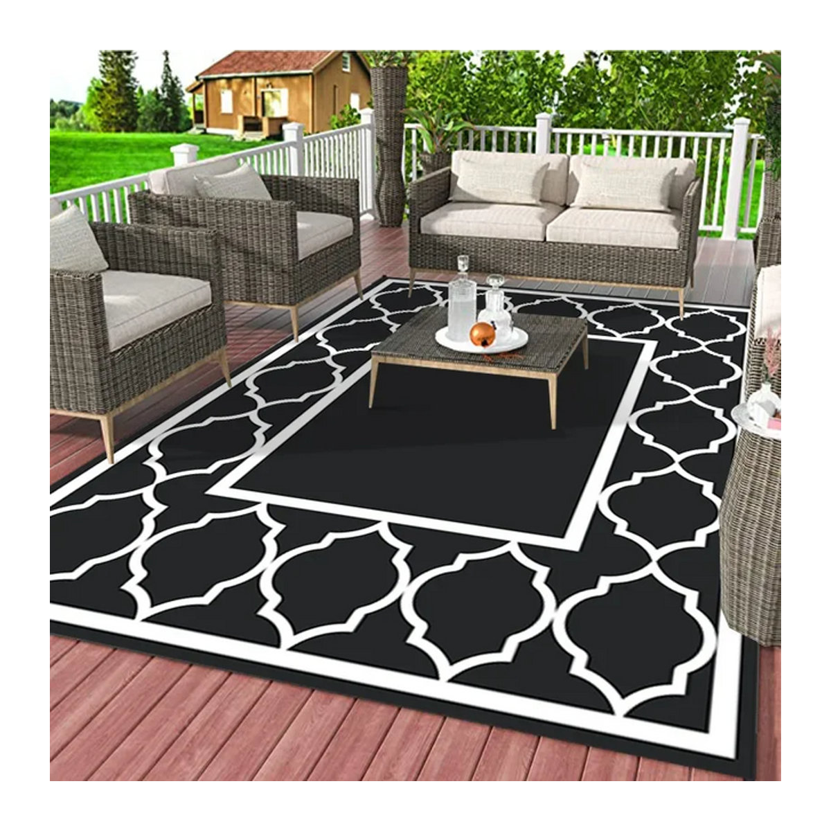 VIKAMA Nordischer Teppich mit geometrischem Design in Schwarz/Weiß, rechteckig, schimmelfest und feuchtigkeitsbeständig für Terrasse und Camping, B: 120 cm, T: 80 cm - Bild 1