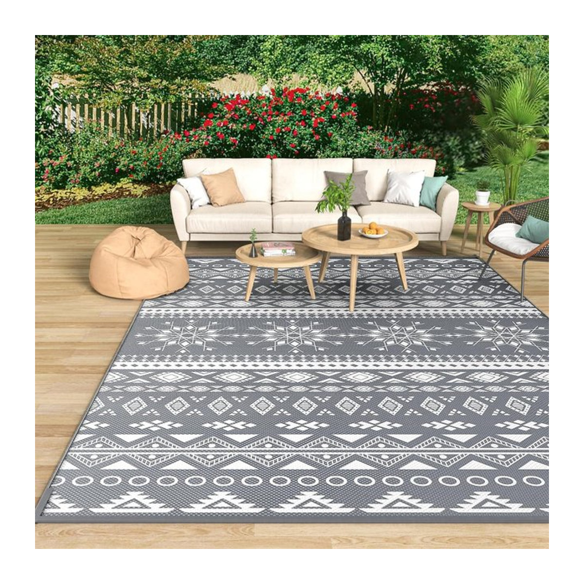 VIKAMA Outdoor-Teppich in Grau mit geometrischem Design im böhmischen Stil, rechteckig - Bild 1
