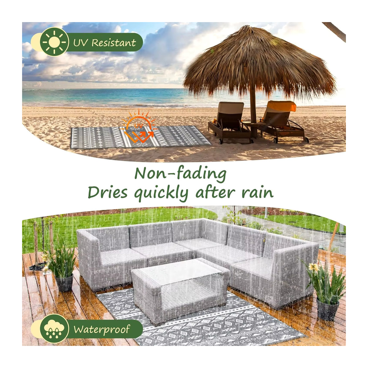 VIKAMA Outdoor-Teppich in Grau mit geometrischem Design im böhmischen Stil, rechteckig - Bild 3