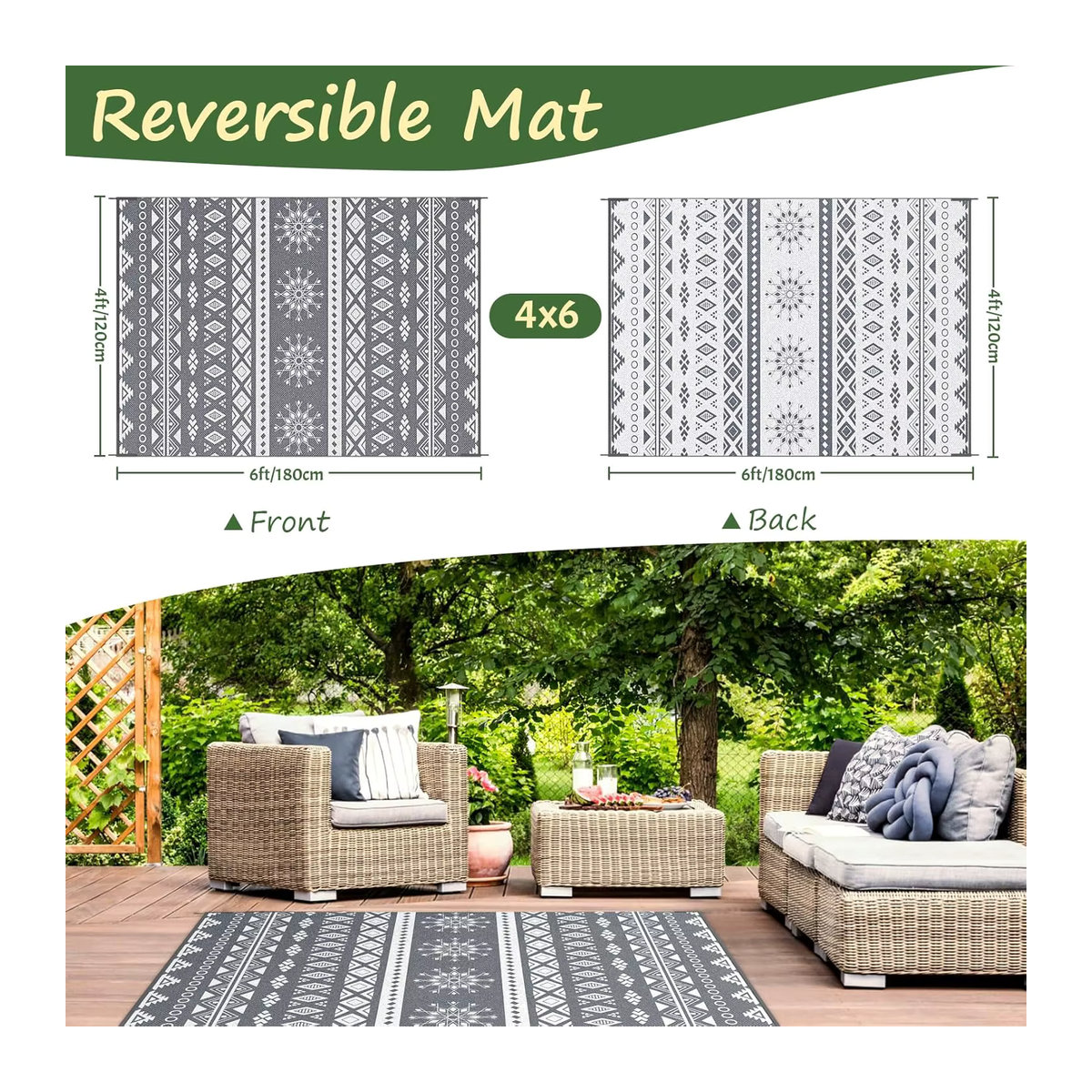 VIKAMA Outdoor-Teppich in Grau mit geometrischem Design im böhmischen Stil, rechteckig - Bild 4