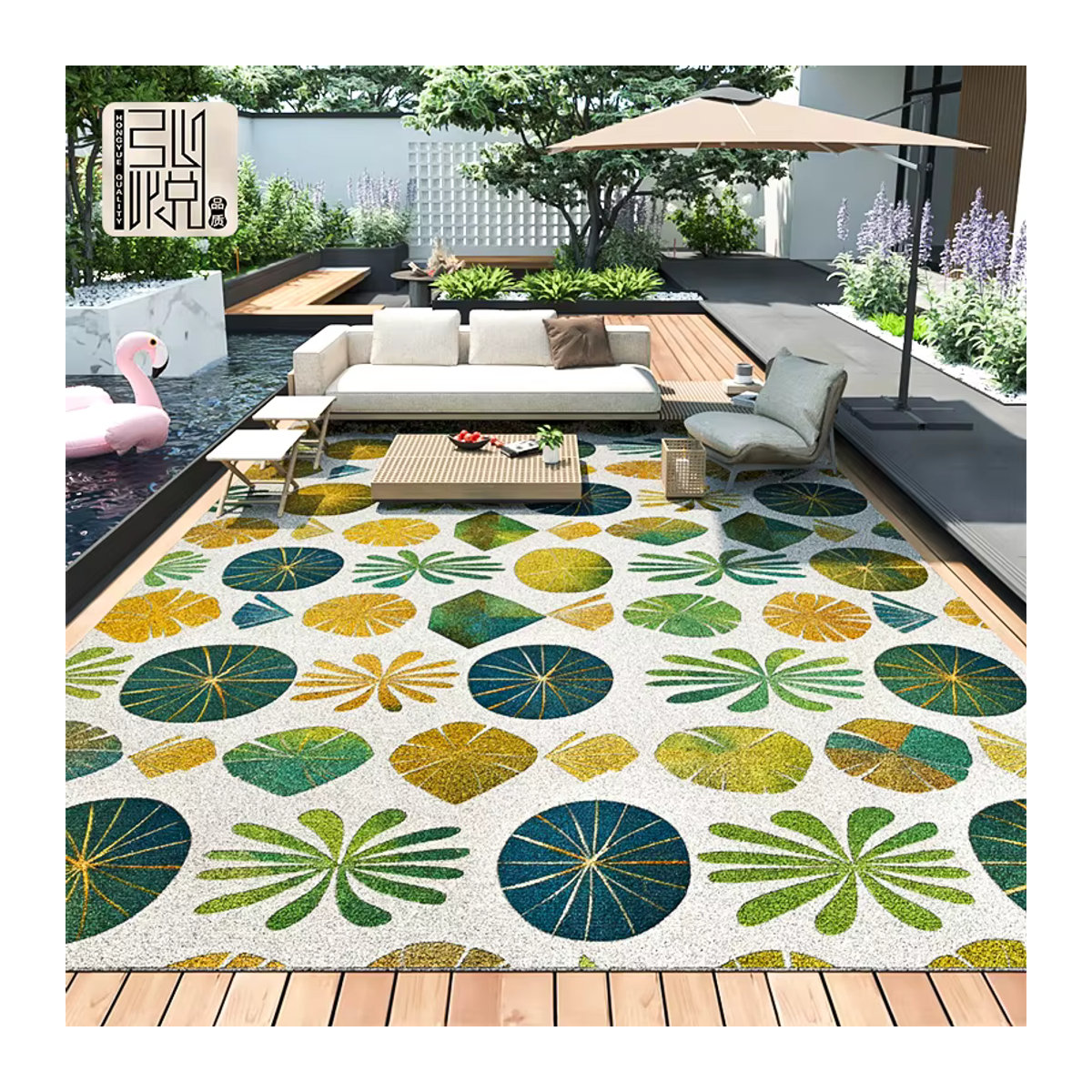 VIKAMA Outdoor-Teppich mit Blumenmuster in Bunt, rutschfeste tiefflorige Terrassen-Bodenmatte für Camping und Picknick, B/B/H: 120 x 160 cm - Bild 1