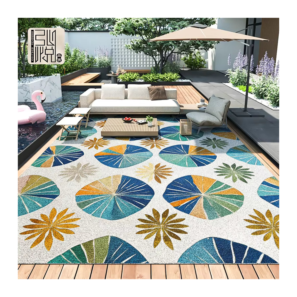VIKAMA Outdoor-Teppich mit Blumenmuster in Bunt, rutschfeste tiefflorige Terrassen-Bodenmatte für Camping und Picknick, B/B/H: 120 x 160 cm - Bild 2