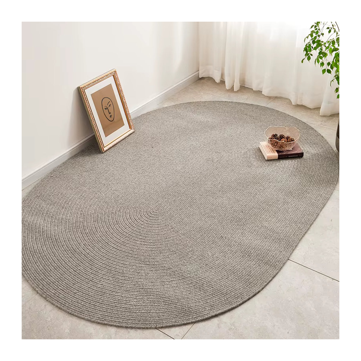 VIKAMA Ovaler strukturierter Teppich in Hellgrau im Wabi Sabi Design für Wohnzimmer und Schlafzimmer - Bild 1