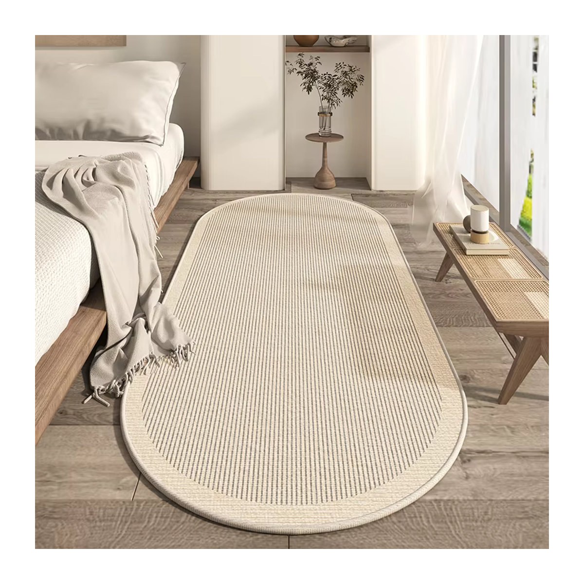 VIKAMA ovaler Teppich im Wabi-Sabi-Stil in Beige, moderner minimalistischer Teppich mit Streifenmuster und rutschfester Bodenmatte für Schlafzimmer oder Balkon - Bild 1
